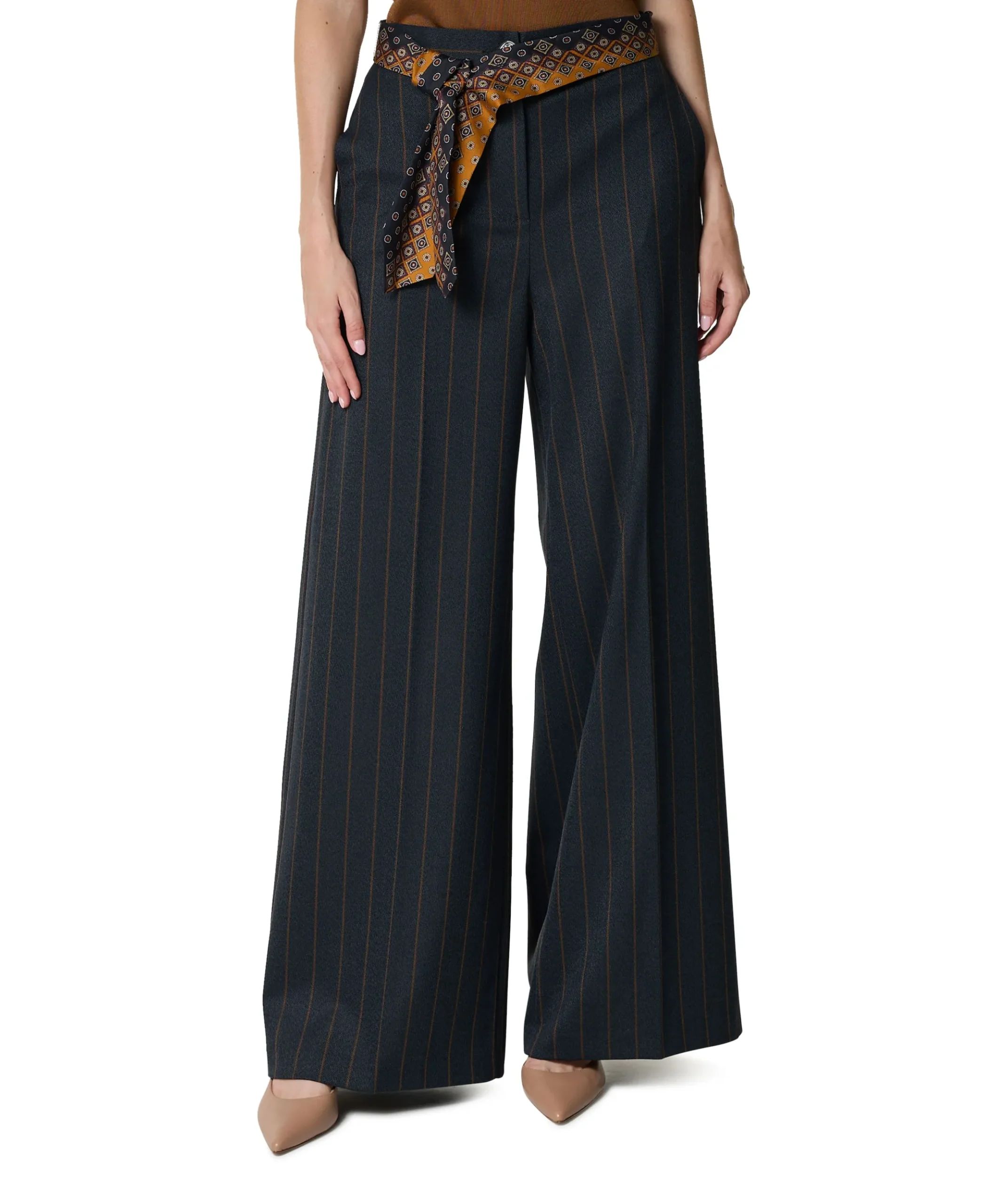 gestreept-ceintuur dames pantalon blauw