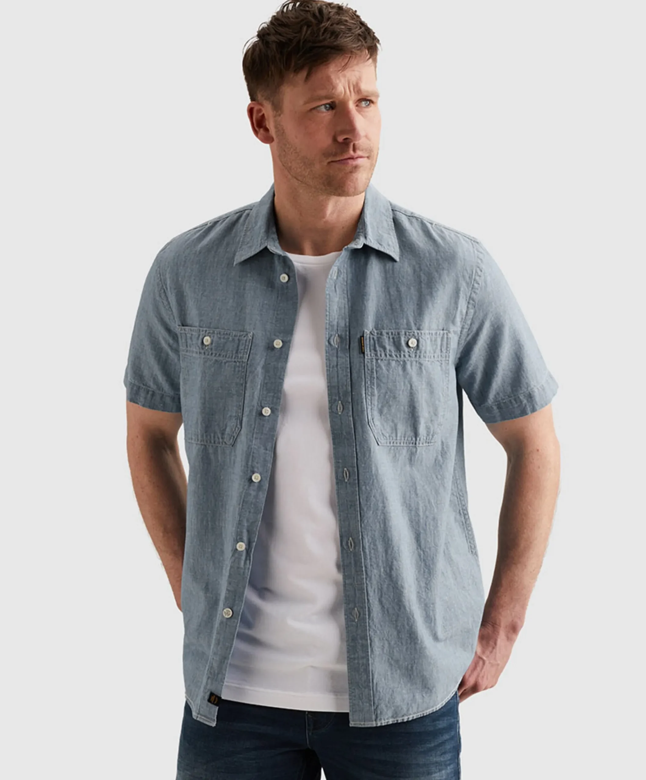 Heren overhemd korte mouw blauw