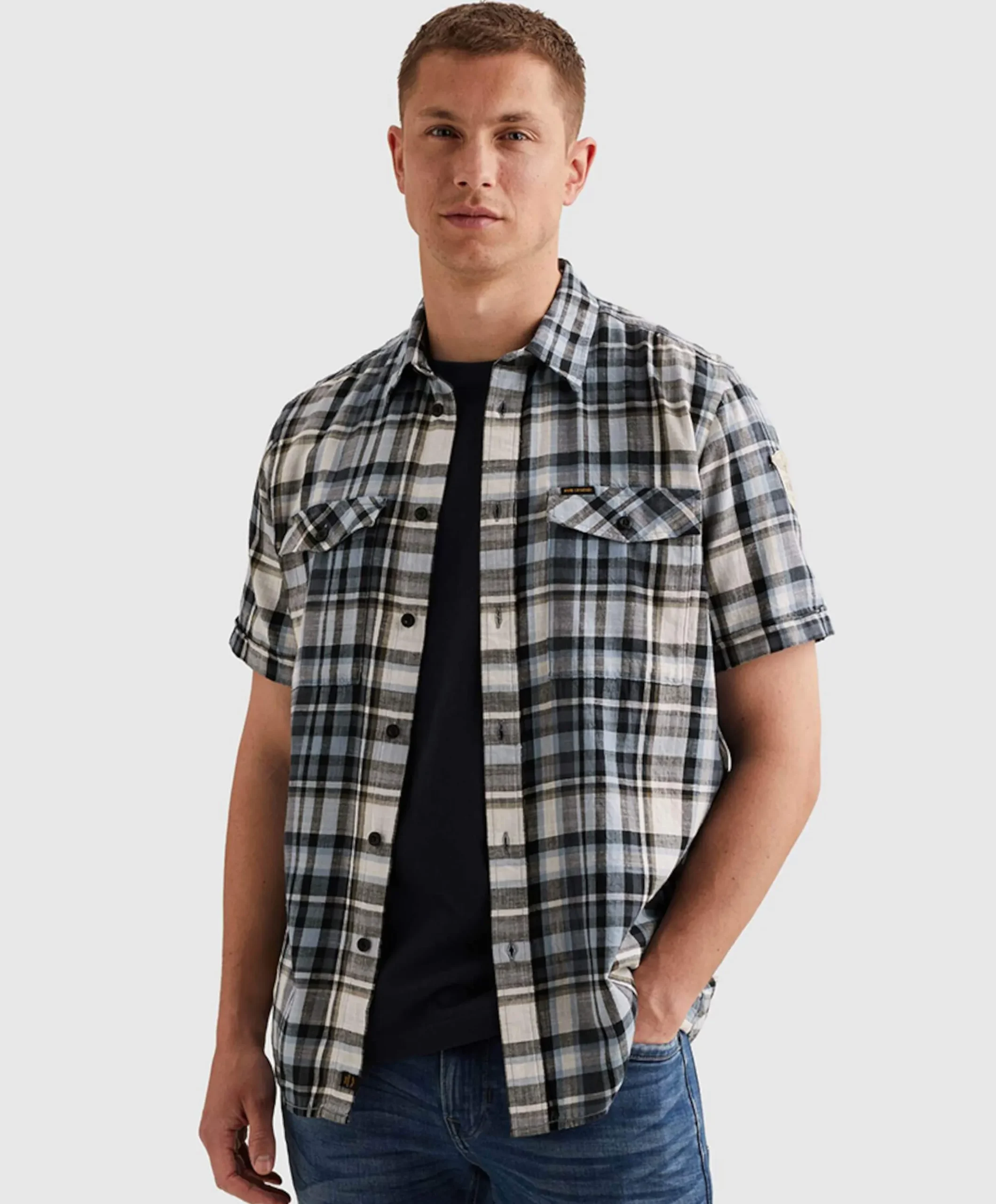 Heren overhemd korte mouw blauw