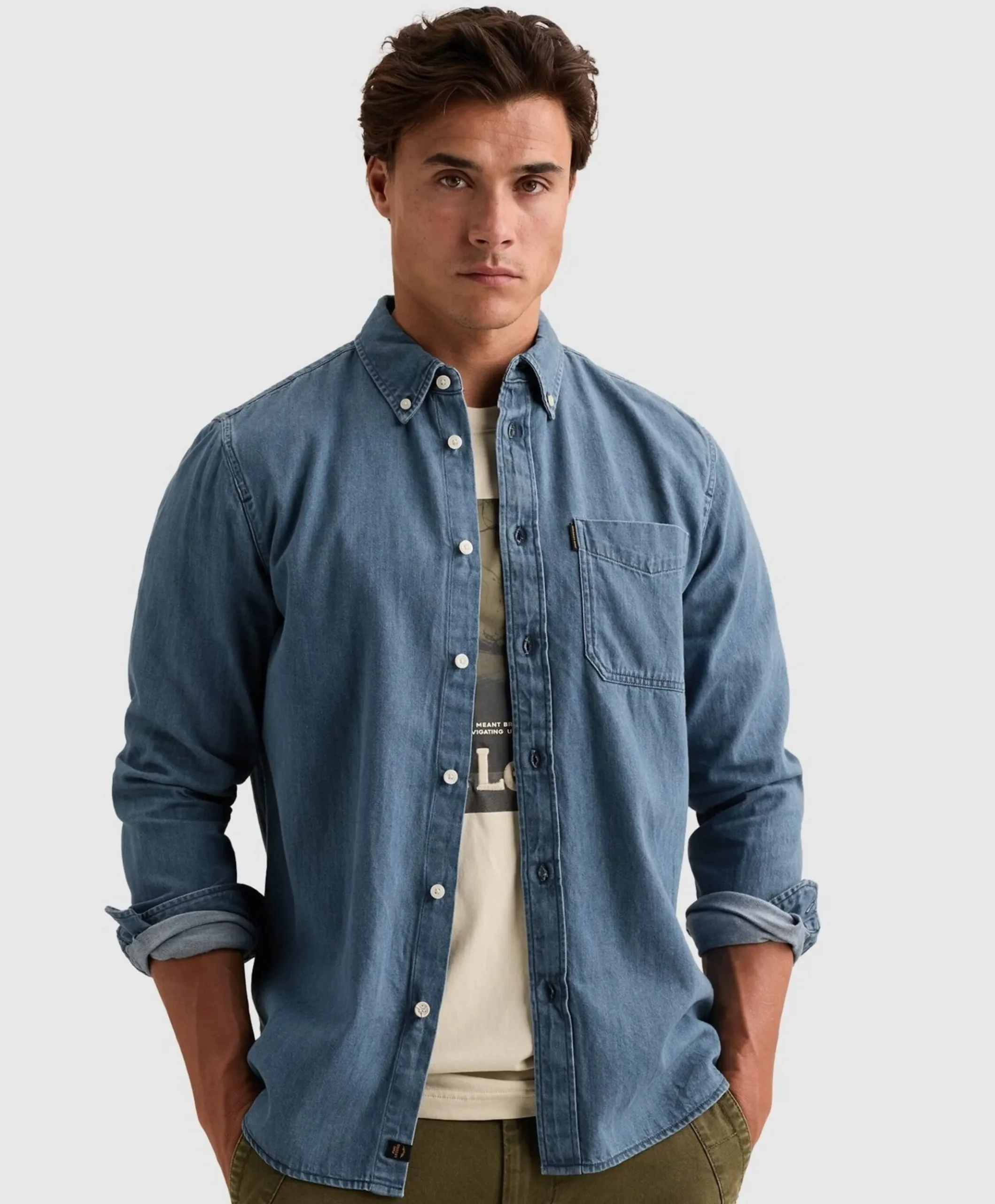 Heren overhemd lange mouw blauw