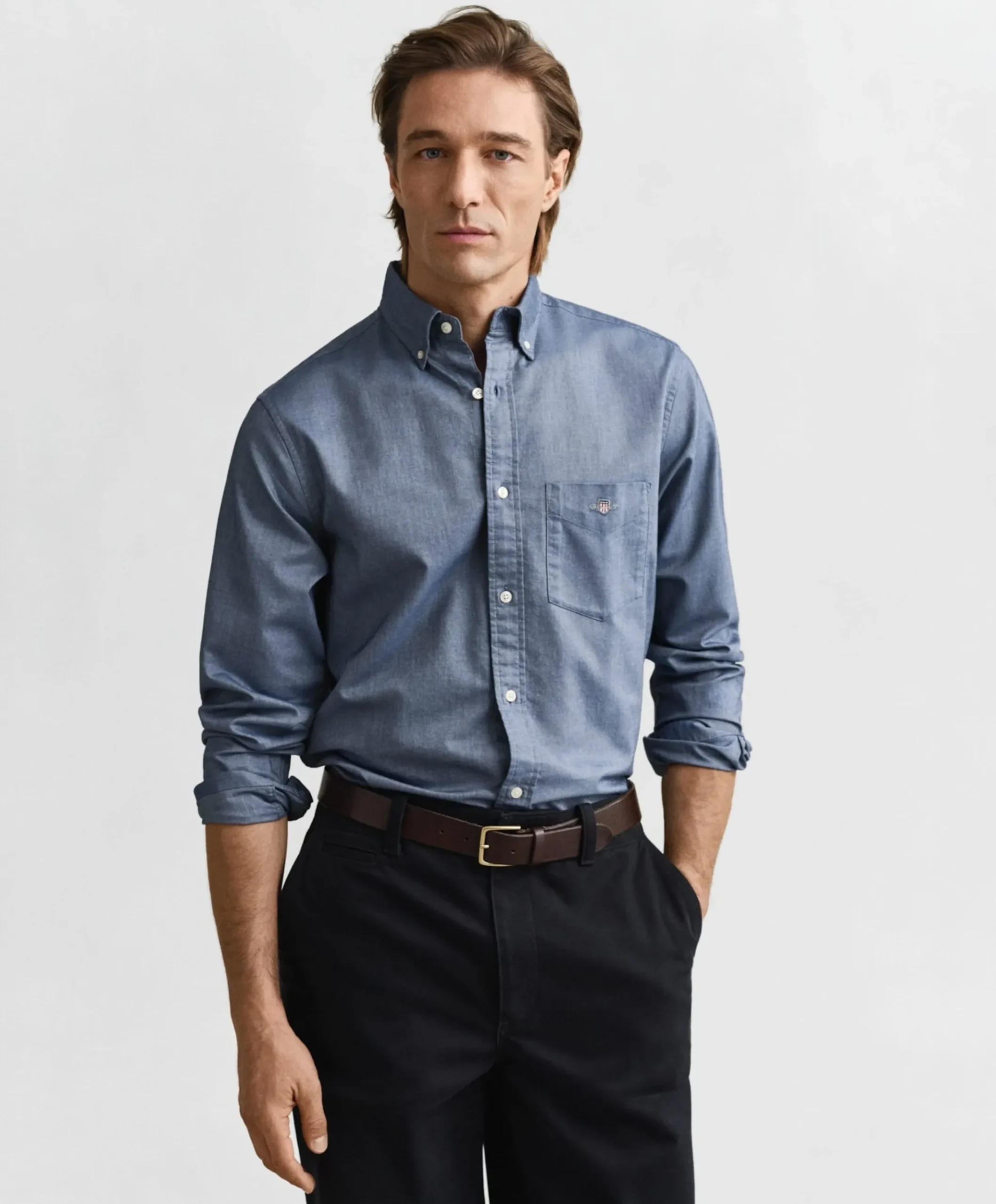Heren overhemd lange mouw blauw