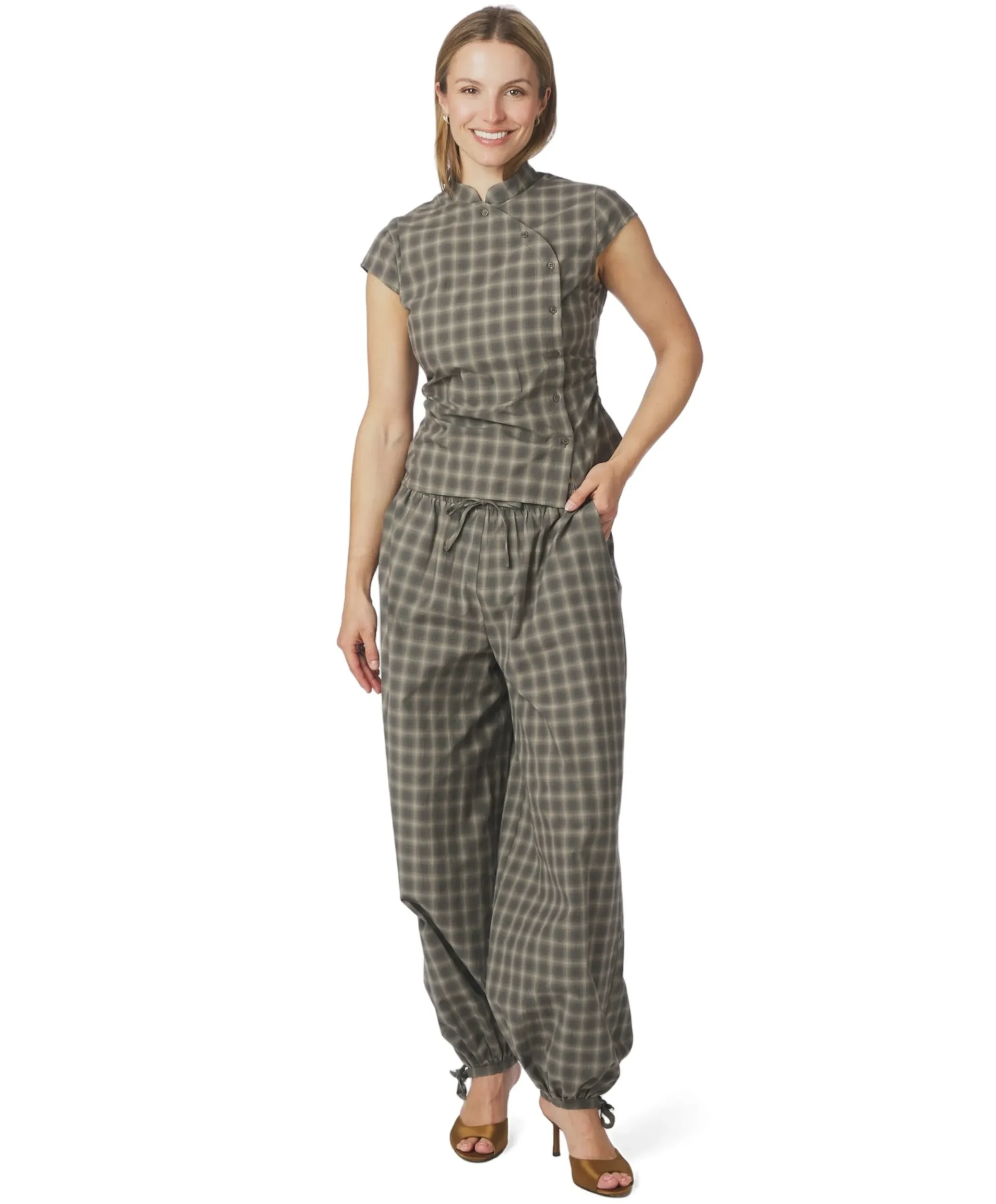 Roxane Balloon Checked dames broek groen