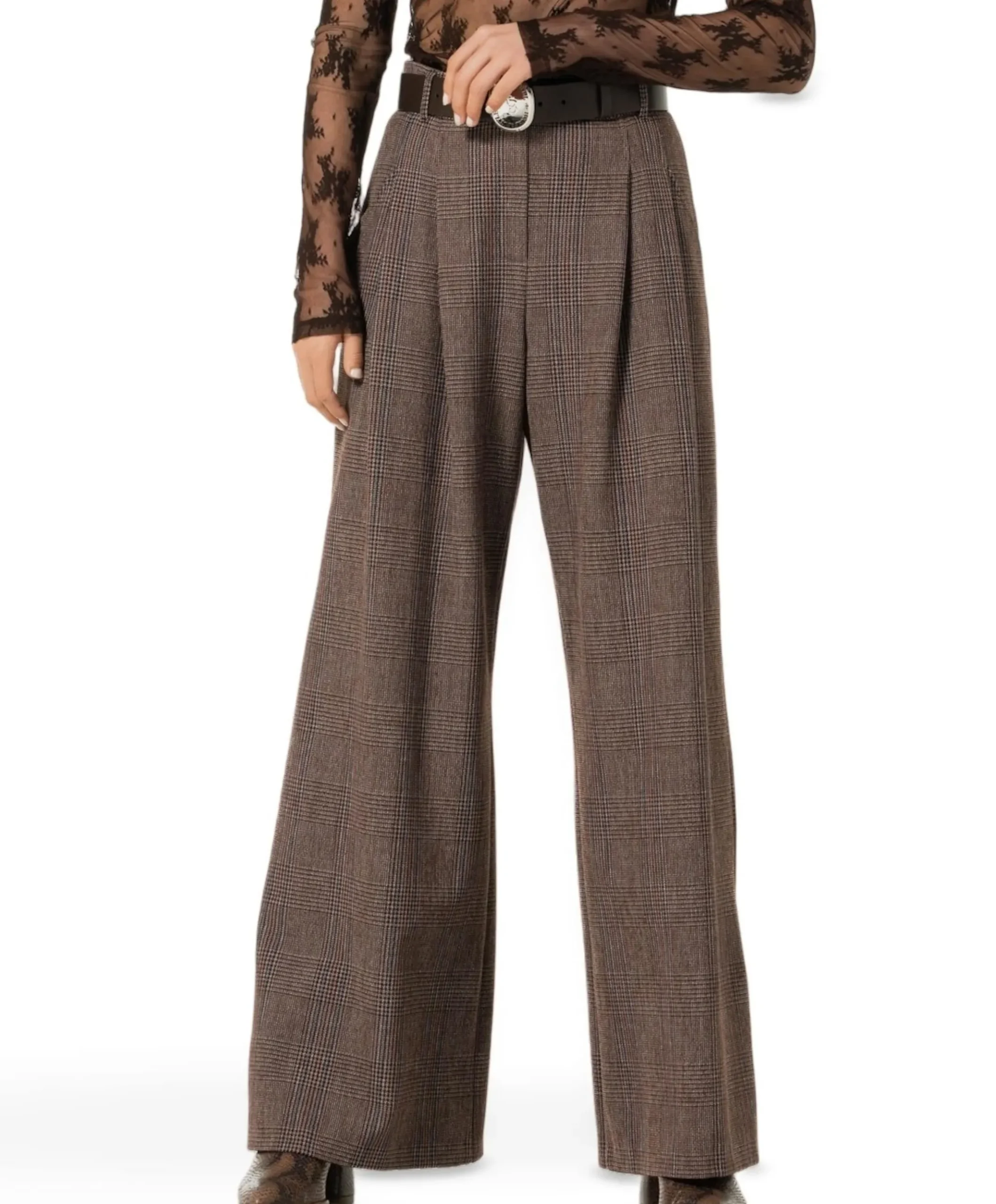Viscose mix-geruit-plooi dames pantalon bruin