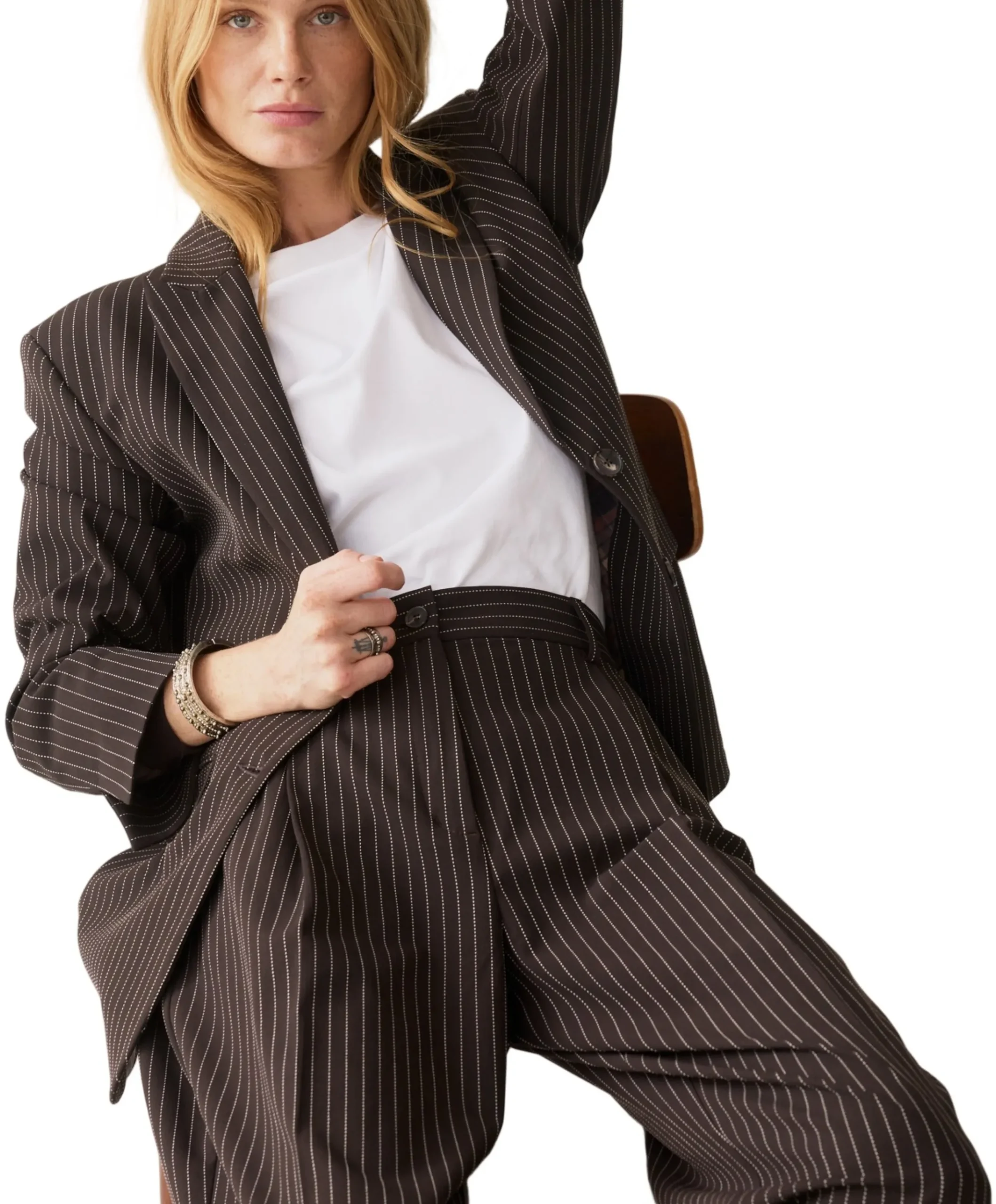 Wide leg Viscose blend stripe dames broek bruin
